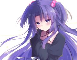 Rule 34 | 1girl, black dress, blush, breasts, clannad, cleavage cutout, closed eyes, closed mouth, clothing cutout, commentary, criss-cross halter, dress, eyelashes, eyes visible through hair, floating hair, hair bobbles, hair ornament, halterneck, happy, head tilt, highres, ichinose kotomi, juliet sleeves, large breasts, long hair, long sleeves, looking down, official alternate costume, parted bangs, puffy sleeves, purple eyes, purple hair, ribbon, sidelocks, simple background, smile, solo, two side up, upper body, very long hair, white background, white ribbon, yutori z71
