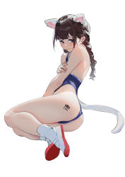 Rule 34 | 1girl, 2022, absurdres, animal ears, ass, back, bare arms, blue one-piece swimsuit, blush, braid, brown eyes, brown hair, cat ears, cat tail, covering privates, covering breasts, embarrassed, full body, han-0v0, highres, looking at viewer, one-piece swimsuit, original, photo-referenced, shoes, sidelocks, simple background, single braid, socks, solo, swimsuit, tail, tattoo, thighs, uwabaki, wavy mouth, white background, white socks, white tail