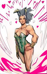 Rule 34 | 1girl, animal ears, bare shoulders, black hair, bracer, breasts, cleavage, dragon ball, dragon ball super, eyeshadow, fake animal ears, hair pulled back, hand on own hip, highres, kale (dragon ball), leotard, lipstick, makeup, medium breasts, muscular, muscular female, playboy bunny, smile, solo, standing, strapless, strapless leotard, zenzosp