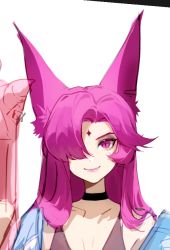 Rule 34 | 1girl, animal ears, asami okutoshioku, bare shoulders, black choker, choker, closed mouth, collarbone, grey background, hair over one eye, league of legends, long hair, pink eyes, pink hair, portrait, simple background, solo, star guardian xayah, star tattoo, tattoo, xayah
