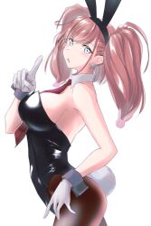 Rule 34 | 1girl, alternate costume, animal ears, atlanta (kancolle), black leotard, breasts, brown hair, commentary request, detached collar, earrings, garrison cap, gloves, grey eyes, hair ornament, hat, highres, index finger raised, jewelry, kantai collection, large breasts, leotard, long hair, necktie, pantyhose, playboy bunny, rabbit ears, rabbit hair ornament, rabbit tail, red necktie, simple background, solo, star (symbol), star earrings, strapless, strapless leotard, tail, tsukasa (tukasa br), two side up, white background, white gloves, wrist cuffs