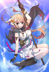 Rule 34 | 1girl, bad id, bad pixiv id, blonde hair, blue eyes, blush, boots, bracelet, breasts, cape, cleavage, day, dress, ear covers, gloves, gradient background, hair ornament, jewelry, long hair, looking at viewer, necklace, original, pointy ears, solo, tajima ryuushi, thigh strap, thighhighs, two side up, white thighhighs