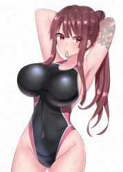 Rule 34 | 1girl, absurdres, amamiya kure, arm behind head, bemani, black one-piece swimsuit, breasts, brown hair, competition swimsuit, cowboy shot, dappled sunlight, highleg, highleg swimsuit, highres, kureha (sound voltex), large breasts, long hair, looking at viewer, mouth hold, multicolored clothes, multicolored swimsuit, one-piece swimsuit, ponytail, red eyes, rubber band, simple background, solo, sound voltex, sunlight, swimsuit, white background