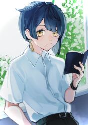 Rule 34 | 1boy, alternate costume, asymmetrical bangs, belt, black pants, blue hair, blunt ends, blurry, blurry background, blush, book, closed mouth, collared shirt, commentary request, diagonal bangs, earrings, genshin impact, highres, hnnoo, holding, holding book, indoors, jewelry, looking at viewer, male focus, open book, pants, reading, shirt, shirt tucked in, short hair, short sleeves, smile, solo, tassel, tassel earrings, white shirt, window, xingqiu (genshin impact), yellow eyes