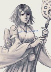 Rule 34 | 1girl, closed mouth, detached sleeves, final fantasy, final fantasy x, hair ornament, hakama, hakama skirt, highres, holding, japanese clothes, jewelry, looking at viewer, necklace, noie (neunteedelstein), short hair, simple background, skirt, smile, solo, staff, twitter username, yuna (ff10)