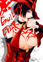 Rule 34 | 1girl, arc system works, bare shoulders, black hair, blue eyes, breasts, choker, detached sleeves, fingerless gloves, gloves, guilty gear, guilty gear xrd, hat, i-no, large breasts, lips, lipstick, makeup, red hat, short hair, solo, witch hat, yuu (primenumber7)