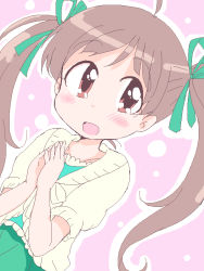Rule 34 | 1girl, blush, brown eyes, brown hair, geetsu, green ribbon, hair ribbon, hakozaki serika, idolmaster, idolmaster million live!, idolmaster million live! theater days, open mouth, own hands together, pink background, ribbon, twintails