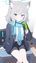 Rule 34 | 1girl, absurdres, animal ear fluff, animal ears, black jacket, blazer, blue archive, blue eyes, blue necktie, blue scarf, blush, briefcase, commentary request, feet out of frame, fringe trim, gloves, green gloves, grey hair, grey skirt, hair between eyes, halo, hand up, highres, jacket, jyt, looking at viewer, necktie, open clothes, open jacket, parted lips, plaid, plaid skirt, scarf, school briefcase, school uniform, shiroko (blue archive), single glove, skirt, solo