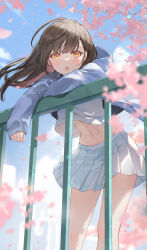 Rule 34 | 1girl, :o, against railing, blue hoodie, blue skirt, blue sky, blurry, blurry foreground, blush, brown hair, cherry blossoms, commentary, cowlick, day, falling petals, feet out of frame, floating hair, highres, hood, hood down, hoodie, legs apart, long bangs, looking at viewer, midriff, midriff peek, miniskirt, mole, mole under eye, navel, nima (niru54), open mouth, orange eyes, original, outdoors, petals, pleated skirt, railing, sidelocks, signature, skirt, sky, sleeves past wrists, solo, stomach, thighs, wind, wind lift