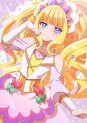 Rule 34 | 0307 hikari, 1girl, absurdres, apron, blonde hair, blue eyes, blunt bangs, blush, bow, brooch, clothing cutout, cure finale, delicious party precure, dress, flower, green bow, hair flower, hair ornament, heart, heart brooch, high ponytail, highres, jewelry, kasai amane, long hair, magical girl, pink bow, precure, shoulder cutout, sidelocks, smile, solo, wavy hair