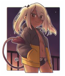 Rule 34 | 1girl, black jacket, black panties, blush, bow, bow panties, breasts, brown eyes, closed mouth, collarbone, commentary, cowboy shot, cropped legs, demon tail, english commentary, eyes visible through hair, hair over one eye, hands in pockets, jacket, light brown hair, long sleeves, looking at viewer, mawaru (mawaru), navel, no bra, no shoes, open clothes, open jacket, original, panties, puffy long sleeves, puffy sleeves, railing, small breasts, smile, solo, tail, twintails, underwear