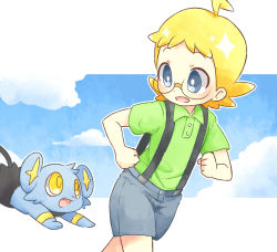 Rule 34 | 1boy, aged down, ahoge, akasaka (qv92612), blonde hair, blue shorts, blush, buttons, clemont (pokemon), clenched hands, collared shirt, commentary request, creatures (company), game freak, gen 4 pokemon, glasses, green shirt, grey eyes, happy, looking back, nintendo, open mouth, pokemon, pokemon (creature), pokemon xy, shinx, shirt, short sleeves, shorts, sparkle, suspender shorts, suspenders, tongue