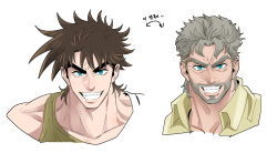 Rule 34 | 2boys, acea n, aged down, aged up, aqua eyes, bad id, bad twitter id, bare shoulders, battle tendency, beard, brown hair, dual persona, facial hair, green eyes, grey hair, grin, highres, jojo no kimyou na bouken, joseph joestar, joseph joestar (old), joseph joestar (young), korean text, male focus, multiple boys, old, old man, scarf, smile, spiked hair, stardust crusaders, striped clothes, striped scarf, tank top, thick eyebrows, white background
