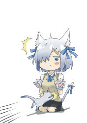 Rule 34 | 10s, 1girl, 8 page, :&lt;, ^^^, absurdres, alternate costume, animal, animal ears, animal hands, bad id, bad pixiv id, cat, cat ears, cat paws, cat tail, hair ornament, hair over one eye, hair ribbon, hairclip, hamakaze (kancolle), highres, kantai collection, kneehighs, ribbon, school uniform, seiza, short hair, silver hair, simple background, sitting, skirt, socks, solo, surprised, tail, tail ornament, tail ribbon, white background