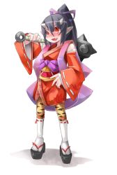 Rule 34 | 1girl, black hair, club, club (weapon), fang, female focus, frfr, full body, geta, gradient background, horns, japanese clothes, mace, monster girl, oni, pointy ears, red eyes, socks, solo, spiked club, weapon, white background