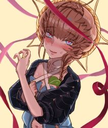 Rule 34 | 1girl, absurdres, black sleeves, blue eyes, blue overalls, blush, braid, brown hair, clothing cutout, crown braid, fang, fate/grand order, fate (series), flat chest, hand up, highres, jewelry, looking at viewer, navel, navel cutout, open mouth, overalls, puffy short sleeves, puffy sleeves, red pupils, red ribbon, ribbon, ring, shimogamo (shimomo 12), short sleeves, side braid, smile, solo, striped clothes, striped headwear, sweatdrop, teeth, tongue, upper body, van gogh (fate), yellow background