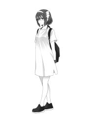 Rule 34 | 1girl, backpack, bag, breasts, closed mouth, dress, full body, glasses, greyscale, hair between eyes, highres, monochrome, puyo (puyotopia), ribbon, shoes, short hair, simple background, solo, suzumiya haruhi, suzumiya haruhi no yuuutsu, white background