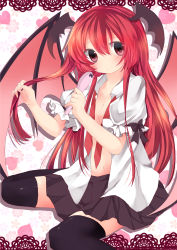 Rule 34 | 1girl, absurdres, adjusting hair, bad id, bad pixiv id, black thighhighs, brushing, demon wings, floating hair, head wings, highres, holding, holding hair, koakuma, long hair, miniskirt, necktie, open clothes, open shirt, red eyes, red hair, shirt, sitting, skirt, solo, thighhighs, touhou, undone necktie, wariza, wings, yucchan (drizzle star)