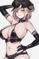 1girl arm_up armpits bare_shoulders black_gloves black_hat black_shorts blue_eyes blush breasts brown_hair brown_horns cleavage colored_inner_hair commentary_request cowboy_shot crop_top cutoffs earrings elbow_gloves fur_trim gloves grin hand_on_own_hip hat highleg highres horns jewelry large_breasts looking_at_viewer micro_shorts midriff multicolored_hair navel original paid_reward_available panty_straps parted_lips peaked_cap pink_hair revealing_clothes short_hair shorts simple_background sleeveless smile solo sooon spaghetti_strap stomach streaked_hair two-tone_hair white_background wing_collar