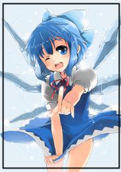 Rule 34 | 1girl, ;d, bad id, bad pixiv id, blue eyes, blue hair, bow, cirno, embodiment of scarlet devil, fingernails, framed, hair bow, highres, index finger raised, matching hair/eyes, one eye closed, open mouth, pointing, pointing at viewer, short hair, skirt, skirt tug, smile, solo, toichi, touhou, wings
