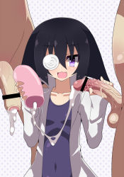 Rule 34 | 1girl, 2boys, :3, artificial vagina, bad id, bad pixiv id, bar censor, black hair, censored, clothed female nude male, coat, coke-bottle glasses, collarbone, covered navel, cum, cum string, cumdrip, eyebrows, eyepatch, fang, flaccid, foreskin, glasses, hair between eyes, handjob, highres, hiren, lab coat, large penis, multiple boys, multiple penises, nude, open mouth, penis, petite, polka dot, polka dot background, purple eyes, sex toy, shiny skin, sleeves past wrists, smile, solo focus, testicles, veins, veiny penis