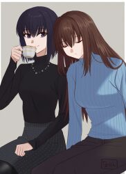 Rule 34 | 2girls, aozaki aoko, black hair, black pantyhose, black sweater, blue sweater, border, brown hair, brown pants, closed eyes, closed mouth, commentary request, cup, grey background, grey skirt, hair between eyes, hair intakes, highres, holding, holding cup, invisible chair, jewelry, kuonji alice, leaning on person, long hair, long sleeves, looking at viewer, mahou tsukai no yoru, multiple girls, necklace, outside border, pants, pantyhose, purple eyes, ribbed sweater, shintyoi2, short hair, simple background, sitting, skirt, sleeping, sleeping on person, smile, sweater, teacup, turtleneck, turtleneck sweater, white border