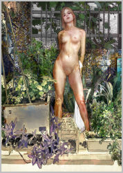 Rule 34 | 1girl, arms behind back, border, breasts, breasts apart, facing viewer, female focus, flower, garden, grey border, groin, head tilt, lips, looking at viewer, medium breasts, nature, navel, nipples, nude, original, perky breasts, plant, railing, realistic, small breasts, solo, standing, tamerai zero