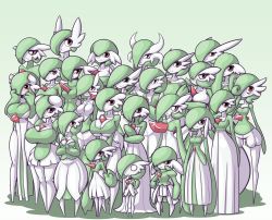 Rule 34 | 6+girls, :3, @ @, airalin (mark folks), alternate hairstyle, arms behind back, bare shoulders, blush, breasts, choker, cleavage, collarbone, creatures (company), crowd, curvy, dress, embarrassed, eyelashes, female focus, flat chest, full body, game freak, gardevoir, gen 3 pokemon, green background, green hair, hair over one eye, half-closed eyes, hands on own face, hands together, hands up, height difference, highres, huge breasts, large breasts, legs apart, limebreaker, long hair, looking at viewer, looking away, looking to the side, looking up, medium breasts, multiple girls, multiple persona, nintendo, personification, pokemon, pokemon (creature), pokemon rse, red eyes, shiny skin, short hair, simple background, size difference, skindentation, small breasts, standing, thigh gap, underboob, wide hips