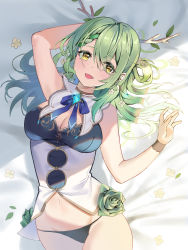 Rule 34 | 1girl, absurdres, antlers, bed sheet, black panties, braid, branch, brooch, ceres fauna, dress, flower, green hair, hair flower, hair ornament, highres, hololive, hololive english, horns, jewelry, leaf, long hair, looking at viewer, lying, no pants, obu (da1103ll), on back, on bed, panties, smile, solo, underwear, virtual youtuber, yellow eyes