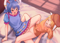 Rule 34 | 2girls, animal ears, bar censor, bare legs, barefoot, bed, blonde hair, blue dress, blue hair, blush, bottomless, brown headwear, censored, closed eyes, collarbone, commentary request, crescent, crescent print, dress, hair between eyes, hat, indoors, looking at another, medium hair, multiple girls, on bed, open mouth, orange shirt, pillow, puffy short sleeves, puffy sleeves, pussy, rabbit ears, red eyes, ringo (touhou), roke (taikodon), seiran (touhou), shadow, shirt, short hair, short sleeves, short twintails, sitting, smile, star (symbol), star print, t-shirt, tongue, touhou, tribadism, twintails, yuri