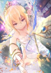Rule 34 | 1girl, blonde hair, blue eyes, blurry, blurry foreground, breasts, cleavage, commentary request, depth of field, dress, europa (granblue fantasy), flower, giant, giantess, granblue fantasy, hair between eyes, hair flower, hair ornament, large breasts, looking at viewer, pink flower, pink rose, red pupils, rose, smile, solo, sparkle, strapless, tiara, tomamatto, white dress