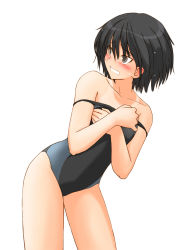Rule 34 | 1girl, amagami, black hair, blush, clothes pull, embarrassed, hands on own chest, nanasaki ai, one-piece swimsuit, one-piece swimsuit pull, pulling own clothes, sasaki akira (ugc), short hair, solo, swimsuit, tan, tanline