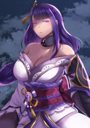 Rule 34 | 1girl, armor, braid, breasts, cleavage, cloud, cloudy sky, commentary, english commentary, floral print, flower, genshin impact, hair ornament, highres, japanese clothes, kimono, large breasts, long hair, looking at viewer, mole, mole under eye, night, night sky, obi, obiage, obijime, parted lips, purple eyes, purple flower, purple hair, raiden shogun, ribbon, rinku bny, sash, shoulder armor, sky, solo, tassel