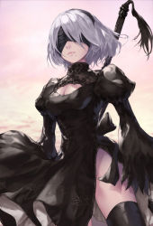 Rule 34 | 1girl, bad id, bad pixiv id, black thighhighs, blindfold, breasts, cleavage, hairband, jname, mole, mole under mouth, nier (series), nier:automata, short hair, silver hair, solo, sword, thighhighs, thighs, weapon, 2b (nier:automata)
