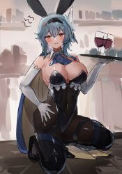 Rule 34 | 1girl, alternate costume, animal ears, ascot, bad id, bad twitter id, bare shoulders, black footwear, black hairband, black leotard, black pantyhose, blue ascot, blue cape, blue hair, blush, boots, breasts, butterfly hair ornament, cape, cleavage, commentary request, covered navel, cup, detached collar, elbow gloves, embarrassed, eula (genshin impact), fake animal ears, genshin impact, gloves, hair between eyes, hair ornament, hairband, hand on own hip, hand up, highleg, highleg leotard, highres, holding, holding tray, large breasts, leotard, long hair, looking at viewer, on one knee, open mouth, pantyhose, playboy bunny, purple eyes, rabbit ears, simple background, solo, strapless, strapless leotard, the olphy, thigh boots, thighs, tray, white gloves