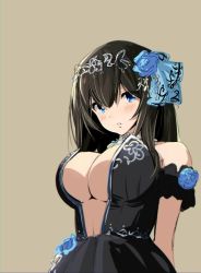 Rule 34 | 10s, 1girl, bare shoulders, black dress, black hair, blue eyes, blush, breasts, chromatic aberration, cleavage, dress, hair ornament, highres, idolmaster, idolmaster cinderella girls, idolmaster cinderella girls starlight stage, iwasaki takashi, large breasts, long hair, looking at viewer, parted lips, sagisawa fumika, simple background, sketch, solo, tiara, upper body