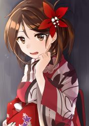 Rule 34 | 10s, 1girl, against wall, alternate costume, alternate hairstyle, amagi (kancolle), bag, breasts, brown eyes, brown hair, colored eyelashes, flower, folded ponytail, hair between eyes, hair flower, hair ornament, highres, holding, holding bag, holding own hair, japanese clothes, kantai collection, kimono, leaf print, long hair, looking at viewer, matching hair/eyes, medium breasts, mole, mole under eye, open mouth, revision, solo, upper body, wide sleeves, yuna (yukiyuna)