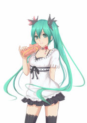 Rule 34 | 1girl, gift, green eyes, green hair, hatsune miku, highres, itachi kanade, long hair, matching hair/eyes, skirt, solo, thighhighs, twintails, very long hair, vocaloid, white background, world is mine (vocaloid), yamaha