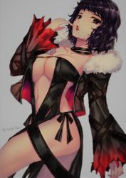 Rule 34 | 1girl, black dress, black hair, black jacket, black ribbon, blood, blood from mouth, breasts, cleavage, collarbone, cosplay, dress, fate (series), fur-trimmed jacket, fur trim, grey background, jacket, jewelry, kawakami sadayo, large breasts, long sleeves, looking at viewer, necklace, open clothes, open jacket, open mouth, persona, persona 5, purple eyes, revealing clothes, ribbon, short hair, simple background, sleeveless, sleeveless dress, solo, standing, strapless, strapless dress, tongue, tongue out, twitter username, yaoto, yu mei-ren (fate), yu mei-ren (fate) (cosplay)