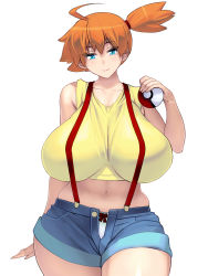 Rule 34 | 1girl, ahoge, alternate ass size, alternate body size, alternate breast size, bare arms, bare shoulders, blue eyes, bow, bow panties, breasts, cleavage, cowboy shot, creatures (company), crop top, curvy, facing viewer, female focus, game freak, head tilt, highres, huge breasts, impossible clothes, impossible shirt, kouno (masao), looking at viewer, misty (pokemon), navel, nintendo, open fly, orange hair, panties, panty peek, pokemon, pokemon (anime), pokemon (classic anime), shirt, short hair, shorts, side ponytail, simple background, sleeveless, sleeveless shirt, smile, solo, standing, suspender shorts, suspenders, underwear, white background, white panties, wide hips, yellow shirt