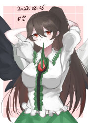 Rule 34 | 1girl, black hair, black wings, breasts, commentary, commentary request, cowboy shot, dated, frilled shirt, frills, green skirt, highres, kuro wa shinoru, large breasts, long hair, looking at viewer, one-hour drawing challenge, ponytail, red eyes, reiuji utsuho, shirt, short sleeves, skirt, solo, touhou, twitter username, tying hair, white shirt, wings