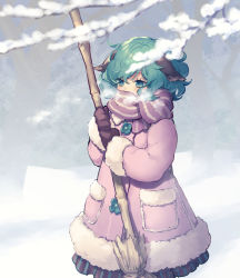 Rule 34 | 1girl, alternate costume, animal ears, bamboo broom, blurry, blurry foreground, blush, branch, breath, broom, coat, commentary request, covered mouth, cowboy shot, dog ears, eyebrows hidden by hair, eyelashes, fur trim, green eyes, green hair, grey background, highres, holding, holding broom, kasodani kyouko, looking ahead, pink coat, pink scarf, scarf, short hair, snow, solo, standing, striped clothes, striped scarf, tomobe kinuko, touhou, two-handed, wavy hair