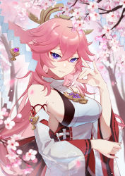 Rule 34 | 1girl, 24fufu, absurdres, bare shoulders, breasts, cherry blossoms, flower, genshin impact, hair between eyes, hair ornament, highres, japanese clothes, long sleeves, looking at viewer, medium breasts, miko, mole, mole on breast, pink hair, purple eyes, sideboob, smile, solo, upper body, yae miko