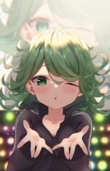 Rule 34 | 1girl, :o, ;o, absurdres, bitseon, black dress, blurry, blurry background, blush, breasts, collarbone, curly hair, dress, green eyes, green hair, highres, huge filesize, long sleeves, looking at viewer, medium breasts, multiple views, one-punch man, one eye closed, open hands, open mouth, short hair, sparkle, tatsumaki, umapyoi densetsu, upper body