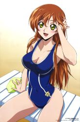 Rule 34 | 00s, 1girl, :d, absurdres, adjusting hair, arm up, beach, blush, breasts, brown hair, chair, cleavage, code geass, comp h&#039;s, green eyes, hair between eyes, hand on own head, highres, large breasts, long hair, looking at viewer, lounge chair, navel, non-web source, official art, one-piece swimsuit, open mouth, outdoors, parted bangs, sand, scan, shingou yasushi, shirley fenette, sidelocks, single vertical stripe, sitting, smile, solo, spread legs, swim cap, swimsuit, taut clothes, taut swimsuit, thighs, wet, wet hair, wide hips