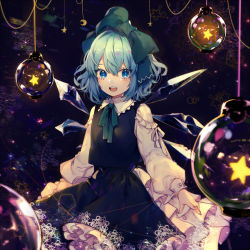 Rule 34 | 1girl, blue eyes, blue hair, blue skirt, bow, cirno, crescent, daimaou ruaeru, glass, green bow, hair bow, highres, ice, ice wings, long sleeves, looking at viewer, open mouth, skirt, skirt set, smile, snowflakes, solo, star (symbol), touhou, vest, wings