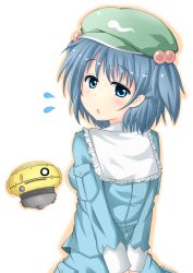 Rule 34 | 1girl, arms behind back, bad id, bad pixiv id, blue eyes, blue hair, blush, female focus, flubber, flying sweatdrops, hair bobbles, hair ornament, hat, highres, kawashiro nitori, long sleeves, looking back, matching hair/eyes, nowheresoul, open mouth, short hair, solo, touhou, twintails, two side up, weebo