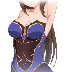 Rule 34 | 1girl, arm up, armpits, blue leotard, bodystocking, breasts, brown hair, cleavage, closed mouth, cosplay, covered navel, genshin impact, gold trim, head out of frame, highres, leotard, long hair, love live!, love live! nijigasaki high school idol club, medium breasts, mona (genshin impact), mona (genshin impact) (cosplay), osaka shizuku, smile, solo, strapless, strapless leotard, yisusjpl