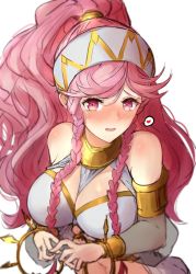 Rule 34 | 1girl, blush, braid, breasts, cleavage, fire emblem, fire emblem awakening, hairband, heart, highres, ippers, large breasts, long hair, nintendo, olivia (fire emblem), open mouth, pink hair, ponytail, simple background, solo, spoken heart, twin braids, upper body, white background