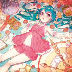 Rule 34 | 1girl, bottle, box, cage, checkered floor, choker, clock, dress, flower, gift, gift box, green hair, hair ornament, hair ribbon, hatsune miku, highres, long hair, looking at viewer, lying, midriff, mika pikazo, on back, open mouth, perfume bottle, pink dress, red eyes, ribbon, rose, solo, twintails, vocaloid
